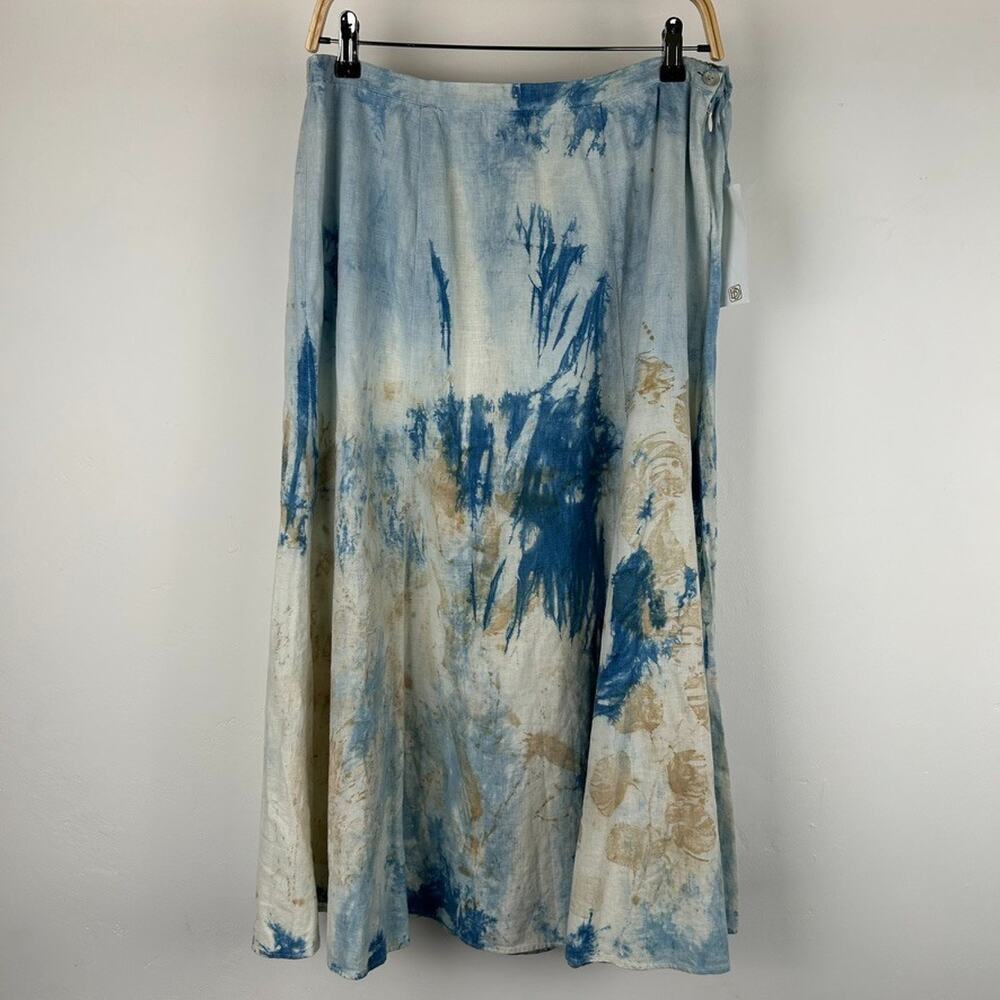 Kathleen Sommers Linen Midi Skirt Tie Dye White Blue Brown Boho Festival Large